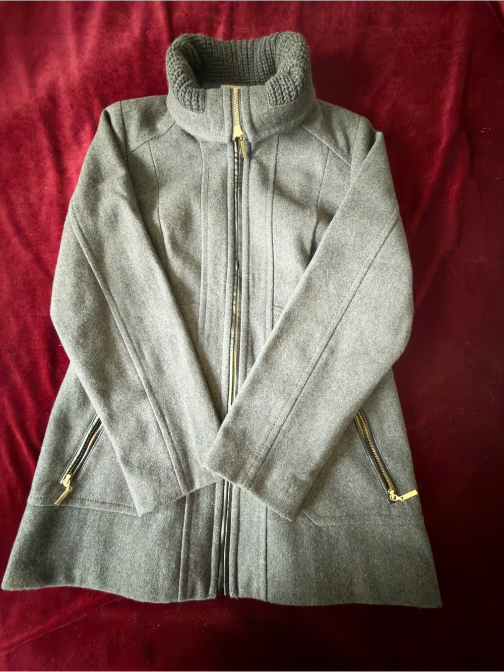 Apt.9 Women’s Gray Zip-Front Pea Coat with Ribbed Stand Collar Sz M